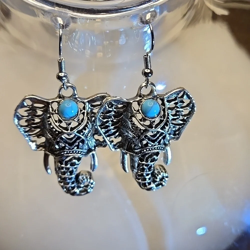 Bohemian Elephant Dangle Earrings Turquoise Accents, Zinc Alloy Iron Ear Hooks